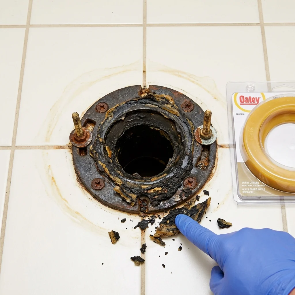 Failed wax ring showing water seepage at the base of a toilet in a Stockton, MO home