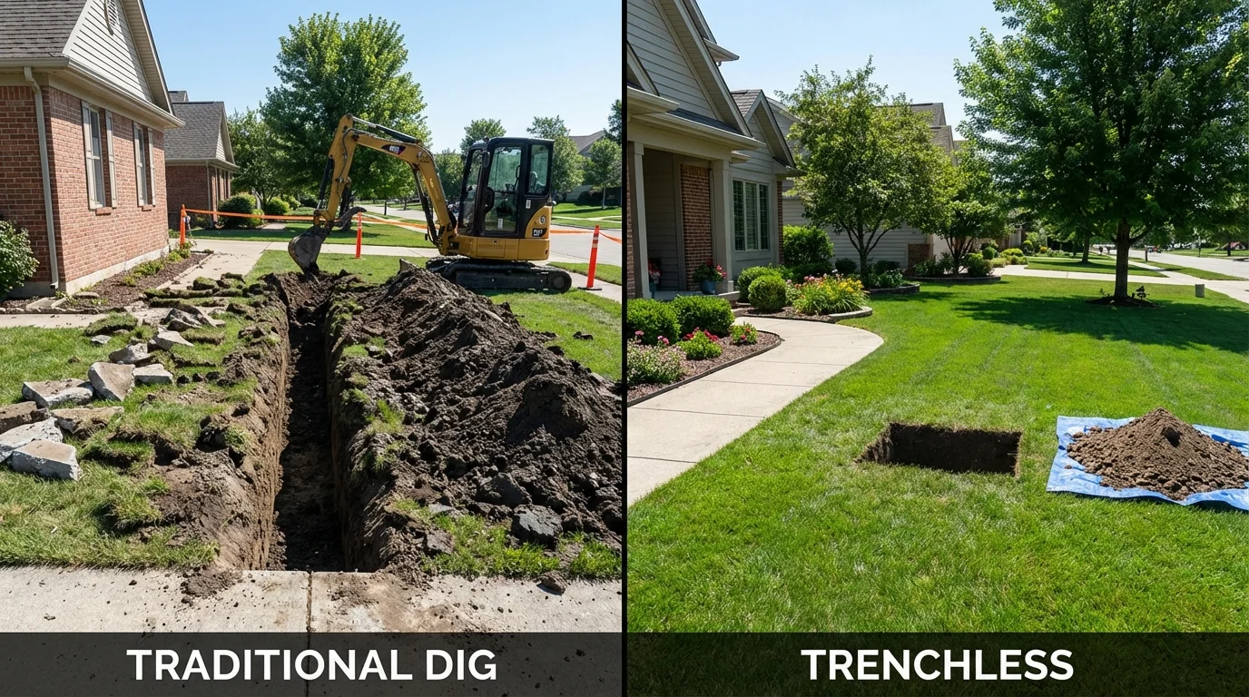 Trenchless sewer repair with minimal yard damage versus traditional excavation in Stockton, MO