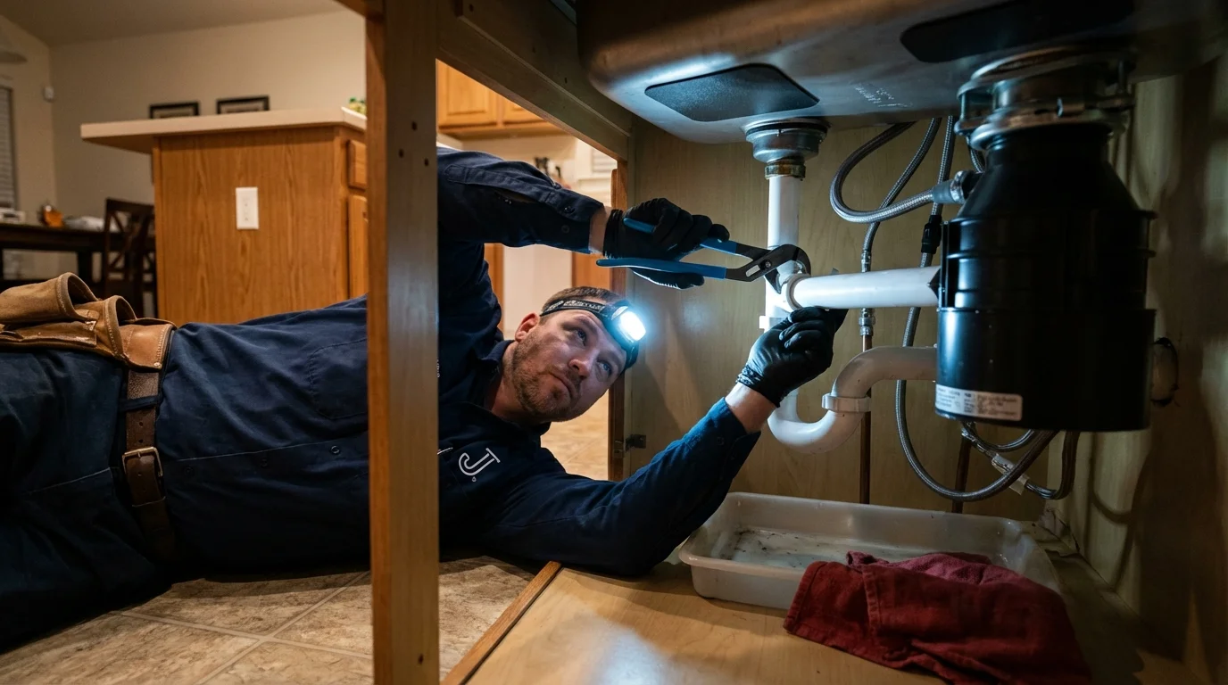 P-trap and supply line connections under a kitchen sink showing a common leak point in Stockton, MO